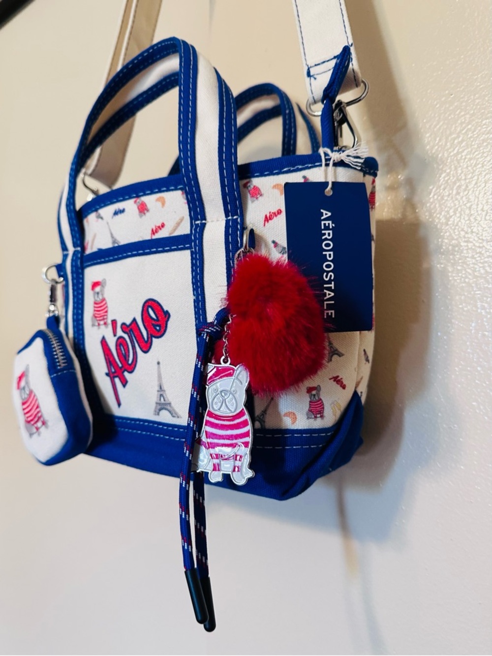 Aeropostale White, Royal Blue & Red Mini Tote with Pom Charm - Picture 5 of 10